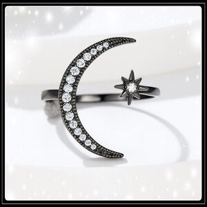 New Black Gold Plated Adjustable Moon Star Crystal Space Sky Ring
